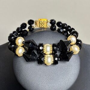 Vintage Black Glass & Faux Pearl Multi Strand Elegant Bracelet